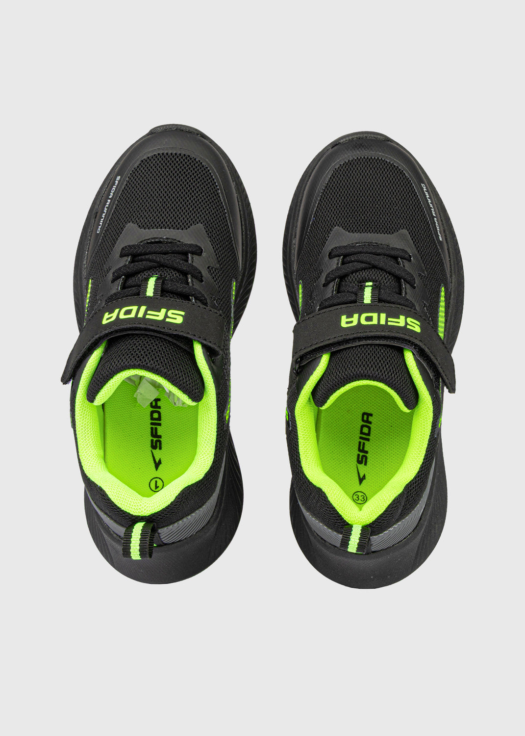 Kaleido Youth Velcro Running Shoes – Black/Lime
